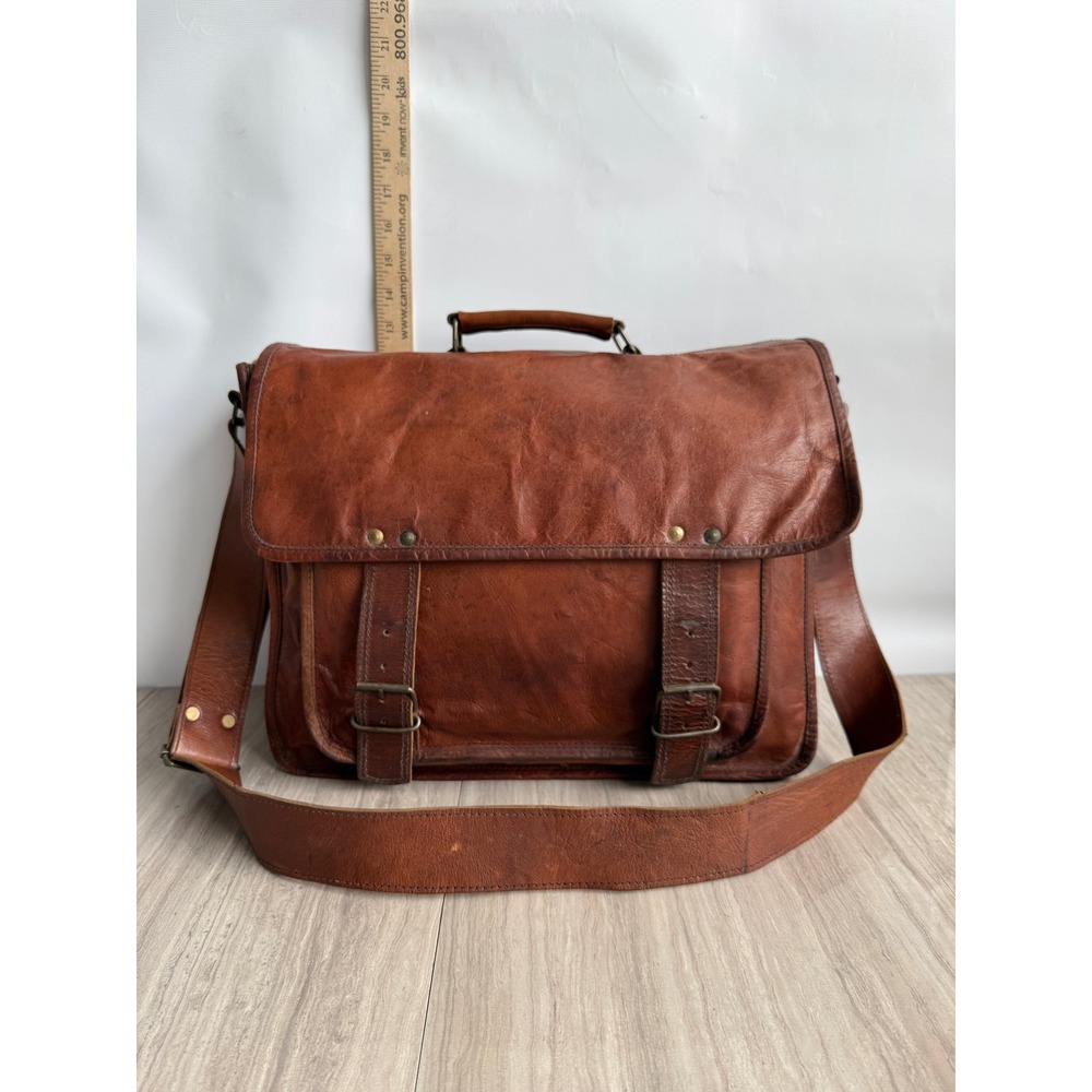 Vintage Handmade Goat Leather Messenger Bag Brown Satchel Briefcase Academia